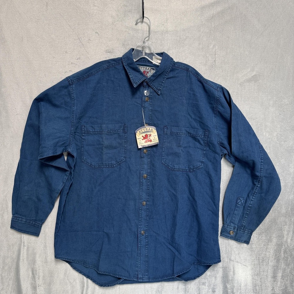 Attrak Shirt Mens Large Blue Denim Long Sleeve Button Up Two Pocket Casual‎